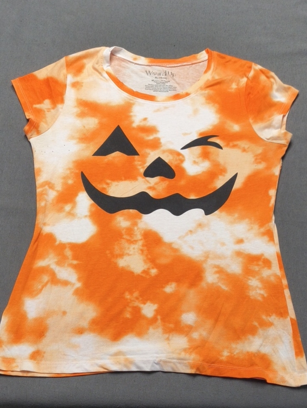 Women's Wound Up Orange and White Tie-Dye Pumpkin Face Tee. Halloween Size XL